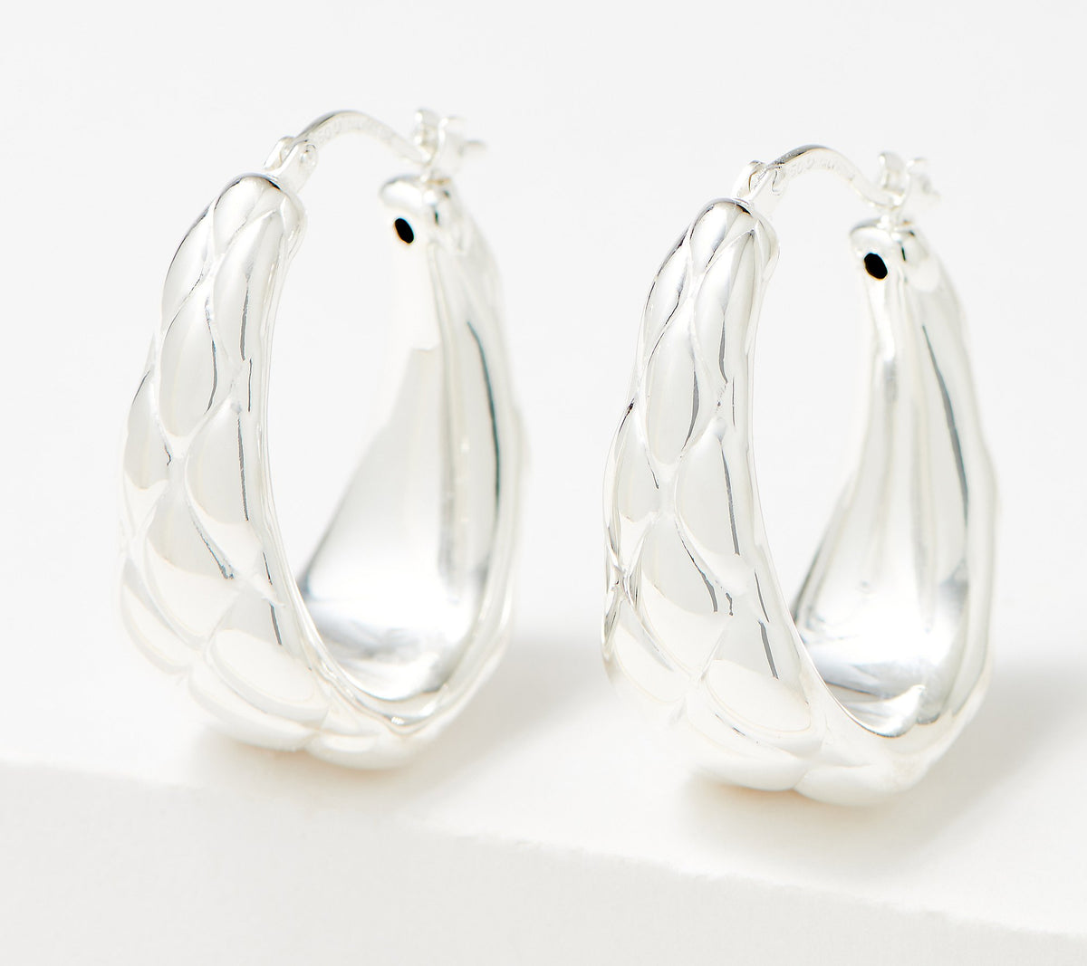 UltraFine 950 Fine Silver Quilted Elongated Hoop Earrings 1-1/8"