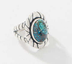 American West Sterling Silver Oval Chrysocolla Gemstone Rope Border Ring, Size 7