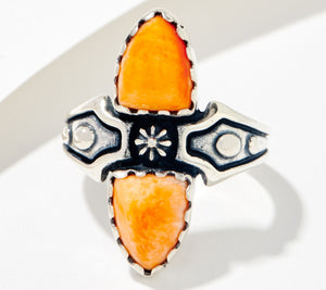 American West Sterling Silver Shield Shape ORANGE SPINY Ring, Size 10