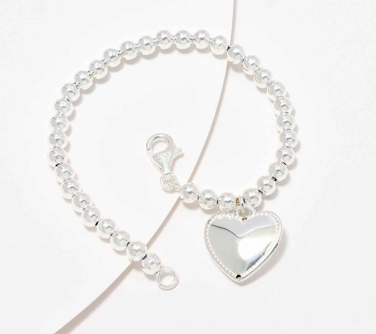UltraFine 950 Silver 5mm Beaded Heart Charm Bracelet 8"