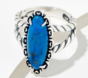 American West Sterling Silver Elongated Oval Denim Lapis Rope Ring, Size 7