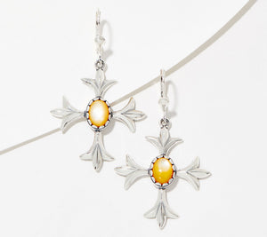 American West Sterling Silver Cross Mother-of-Peal Lever Back Earrings, 1-1/8"