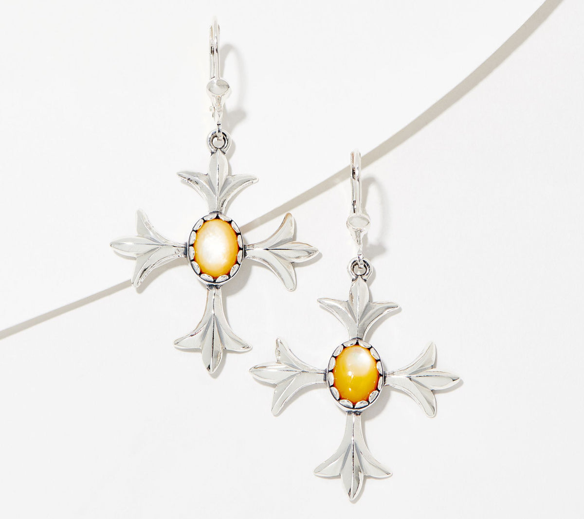 American West Sterling Silver Cross Mother-of-Peal Lever Back Earrings, 1-1/8"