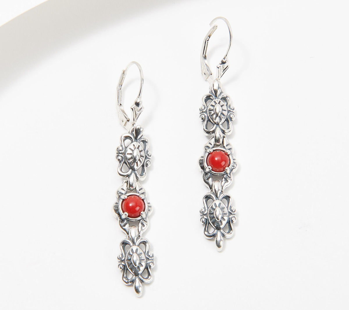 American West Sterling Sliver Red Coral & Concha Lever Backs, 2"