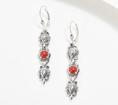 American West Sterling Sliver Red Coral & Concha Lever Backs, 2"