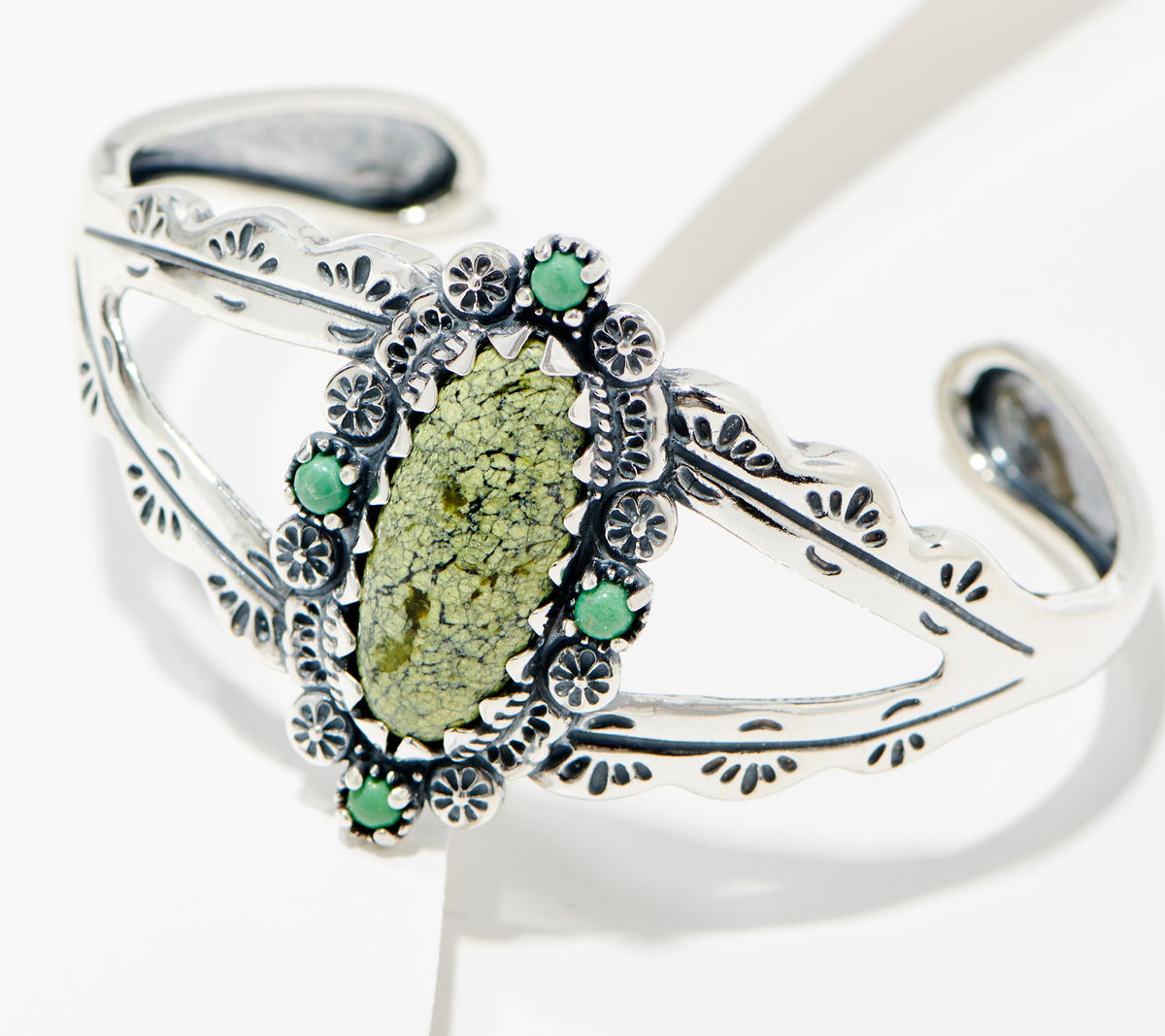 American West Sterling Silver Oval Serpentine Gemstone Cuff Bracelet 7-1/4"