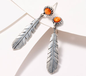 American West Sterling Silver Feather & Orange Spiny Dangle Earrings, 1"