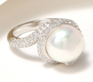 Honora Sterling Silver Cubic Zirconia Wrapped Cultured Pearl Ring, Size 7