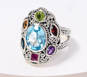Artisan Crafted  Sterling Silver Multi-Gemstone Filigree Ring, Size 6