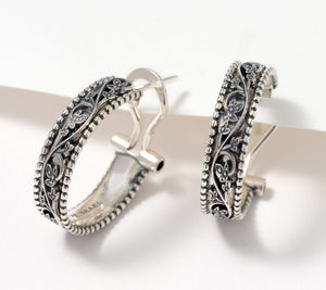 Or Paz Sterling Silver Leaf Detail Omega Back Hoop Earrings