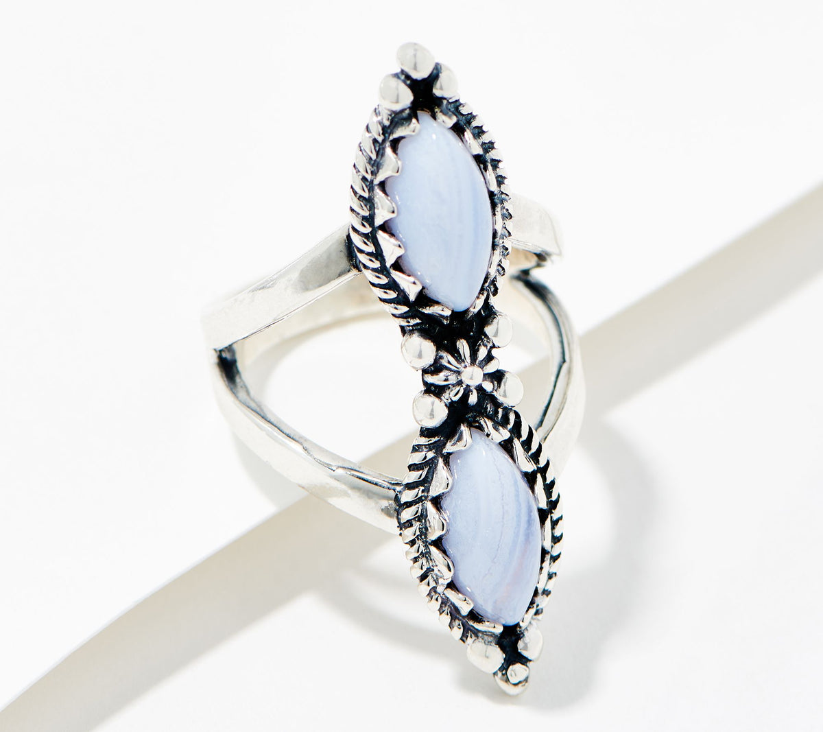 American West Double BLUE LACE AGATE Gemstone Split Shank Sterling Silver Ring Sz 8