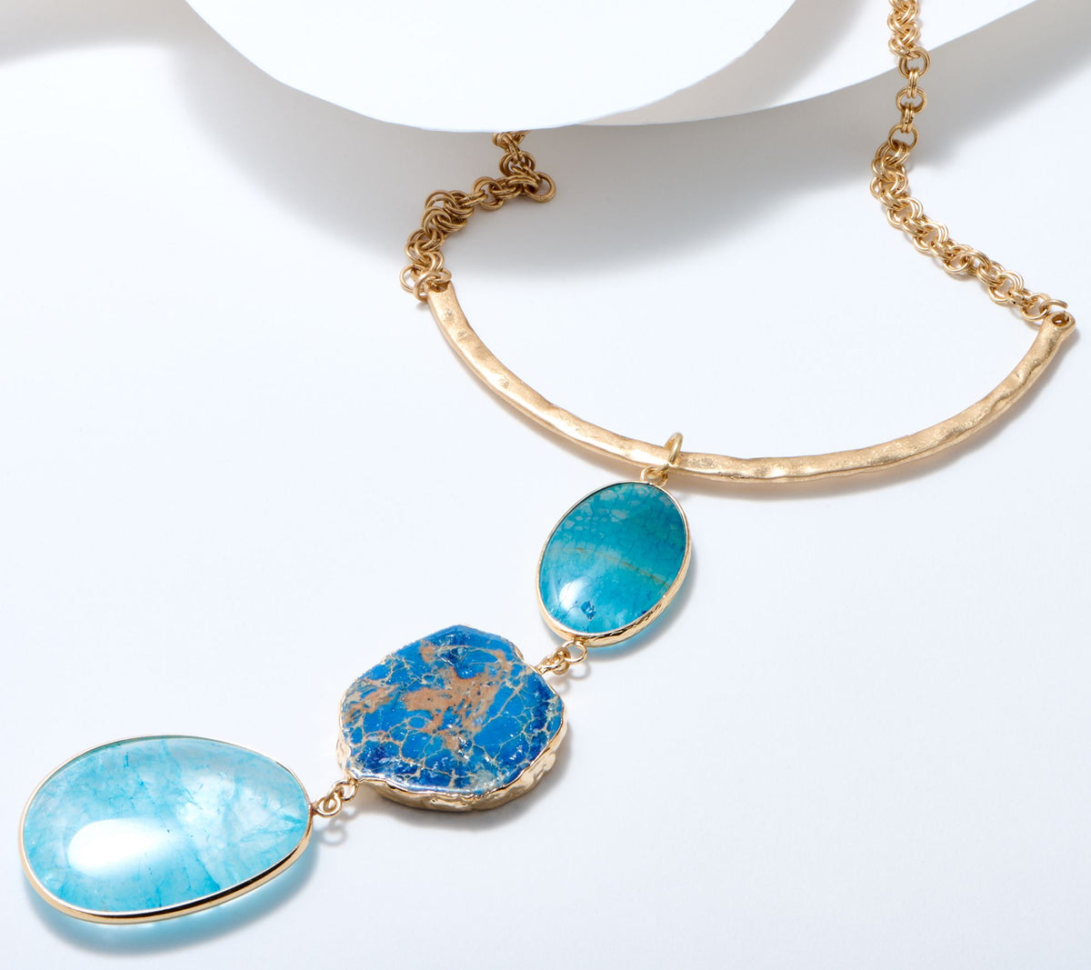 Susan Graver Blue Semi-Precious Three Drop Goldtone Necklace