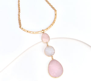 Susan Graver Light Rose Semi-Precious Three Drop Necklace, Goldtone