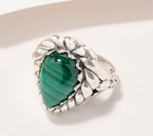 American West Sterling Silver Pear Malachite Rope Ring Size 8