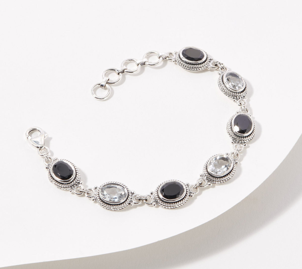 Artisan Crafted Sterling Silver Oval Black Gemstone Bracelet, 6-3/4"