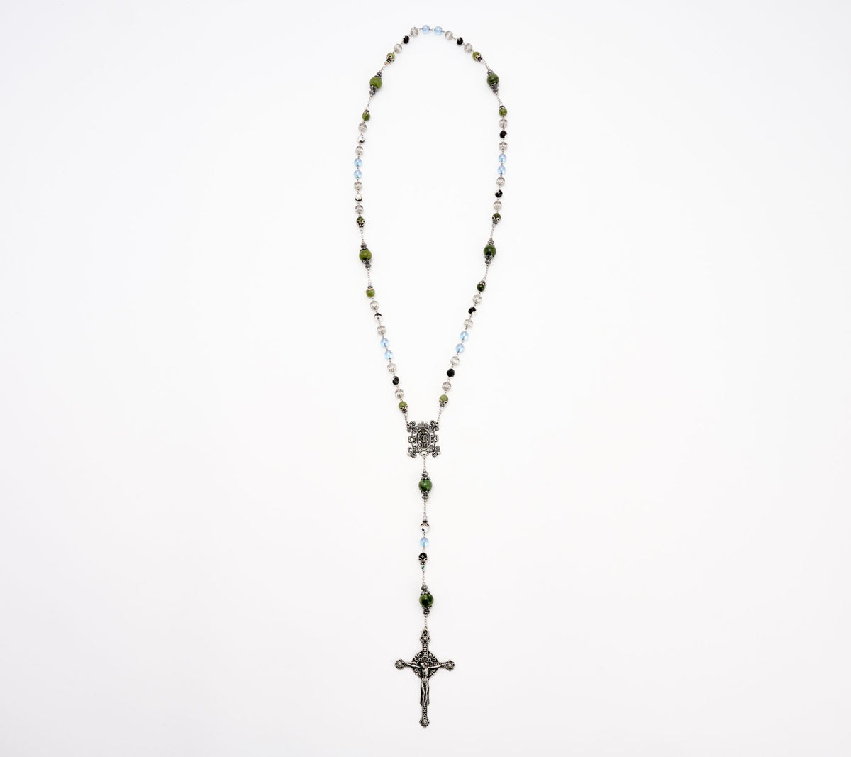 Connemara Marble Mother's Love Silvertone/Blue Rosary Necklace