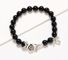 Third Person Sterling Silver Onyx Wandering Rose Beaded Bracelet, 5-1/2"