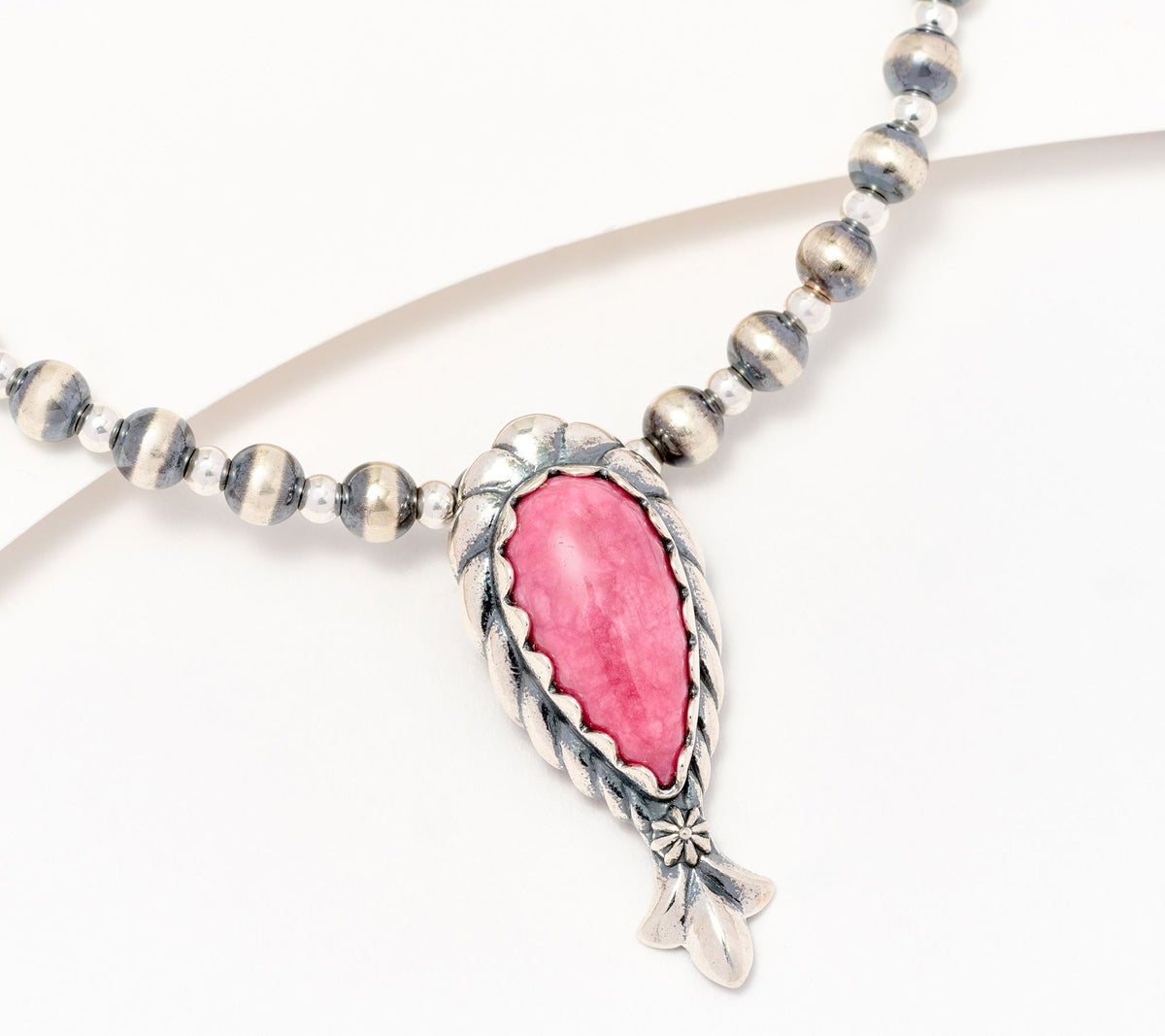 American West Sterling, Rhodonite Mini Squash Blossom Bead Necklace, 17"