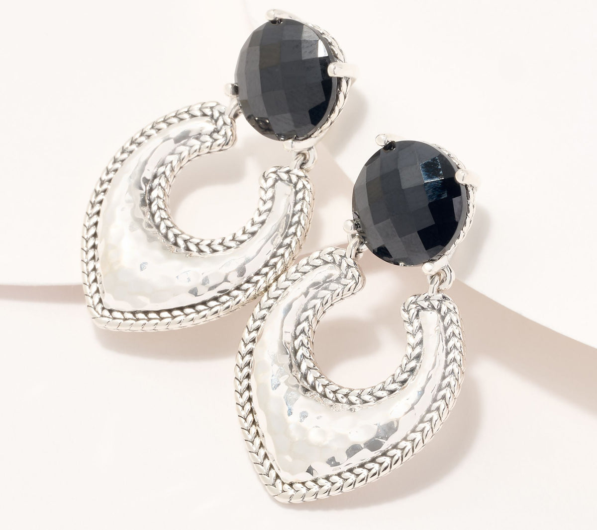 JAI Sterling Silver Hammered Black Spinel Door Knocker Earrings