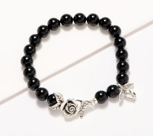 Third Person Sterling Silver Wandering Rose Black Onyx Beaded Bracelet, 6"fit