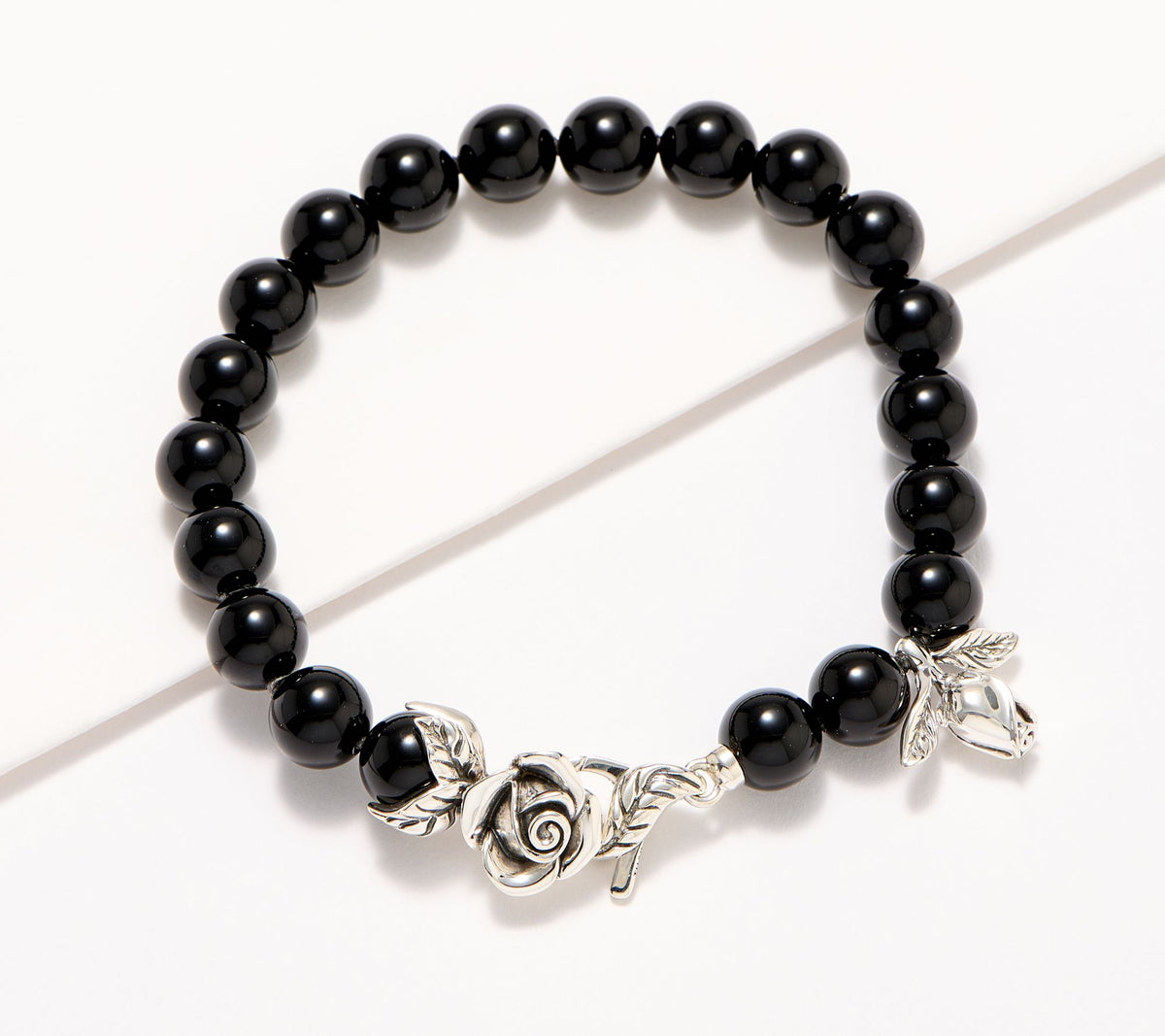 Third Person Sterling Silver Wandering Rose Black Onyx Beaded Bracelet, 6"fit