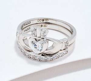 Fado Sterling Silver Clear Claddagh Ring and Matching Band Size 8