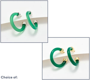 Affinity Gems Carved Opaque Green  Agate Gold-Over SS Hoop Earrings