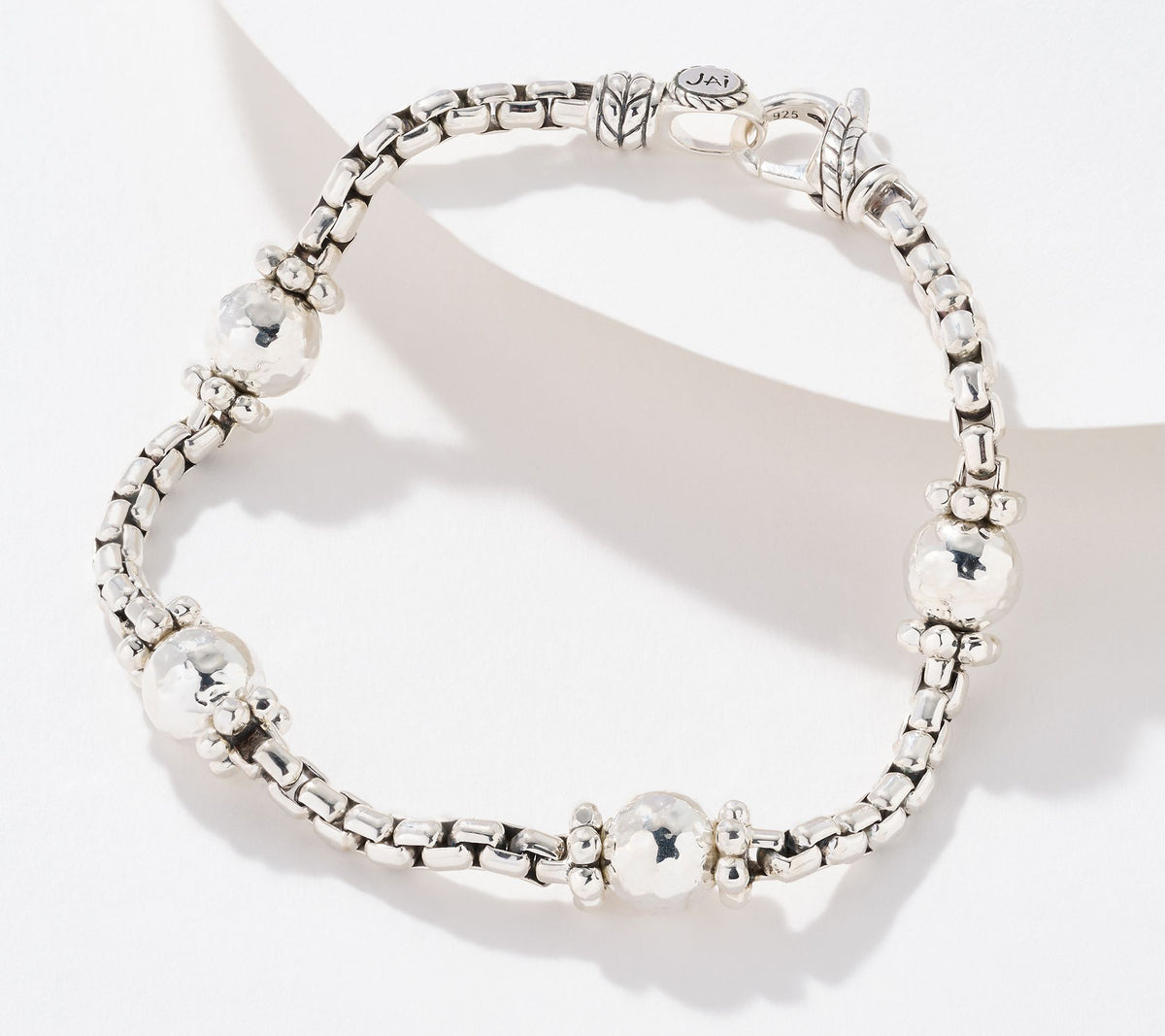 JAI Sterling Silver Hammered Bead 3.7mm Box Chain Bracelet, 6-3/4" Fit