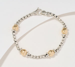 JAI Sterling Silver & 14K Bead 3.7mm Box Chain Bracelet, 7-1/4"