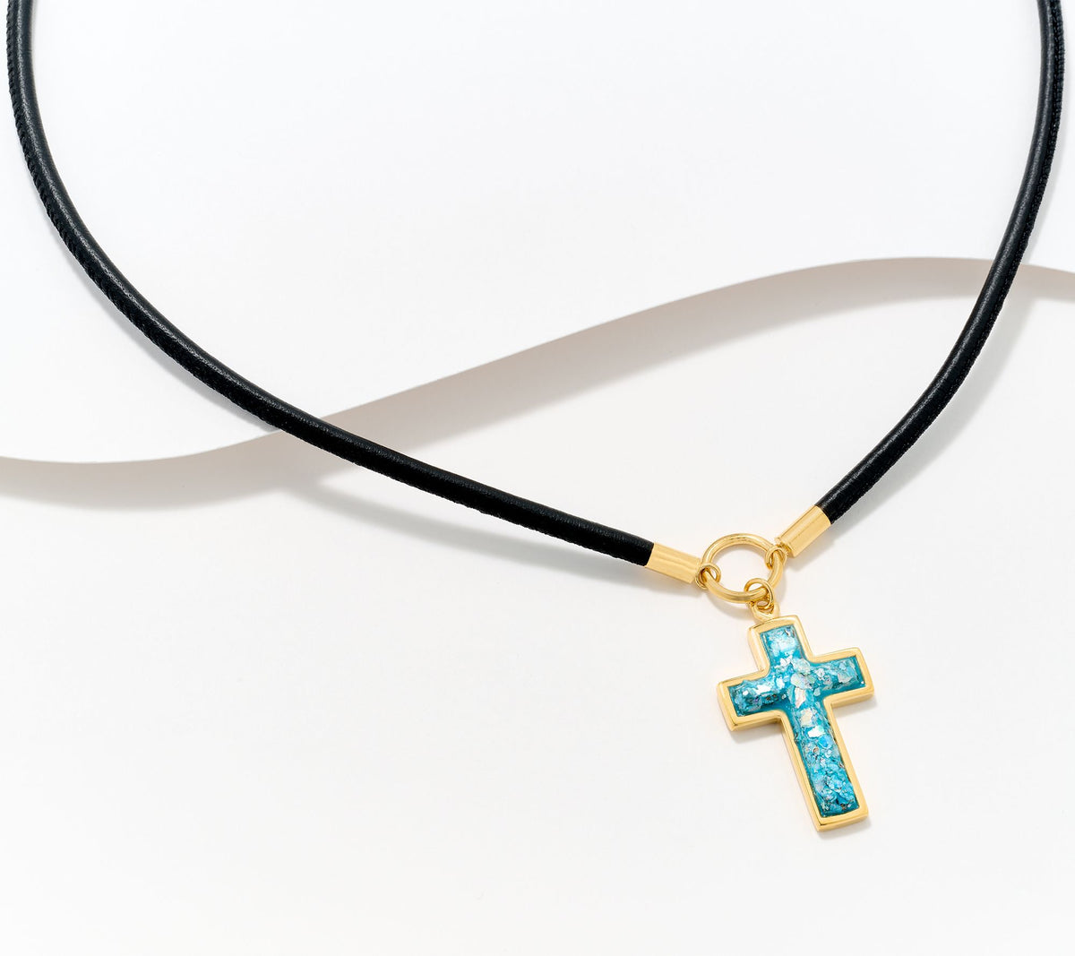 David Markstein Roman Glass Cross Necklace, GoldClad Sterling Silver, 18" + 2" Leather Cord