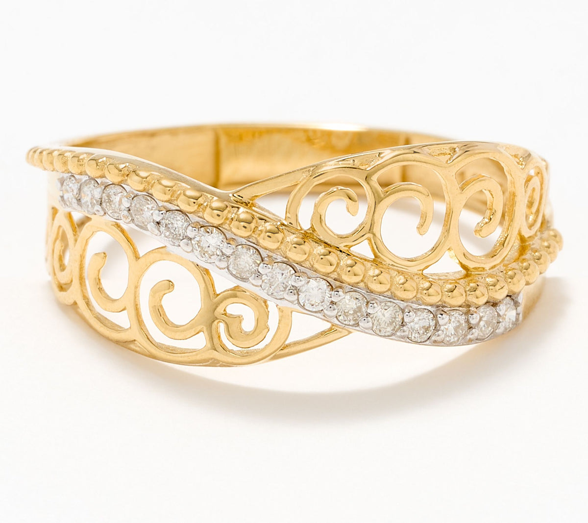 Adi Paz 14K Yellow Gold Floral Scroll Lace 0.14cttw Diamond Ring, Size 7
