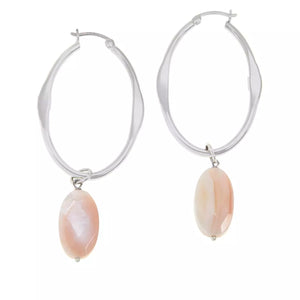 Elle Sterling Silver Oval Hoop & Pink Shell Drop Earrings. 2-1/2"