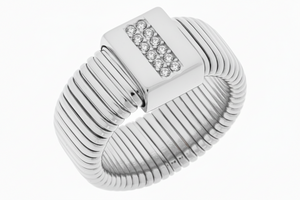 Emma Skye Silvertone Stainless Steel Crystal-Accented Stretch Ring, Size 6