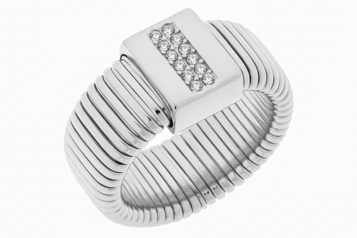 Emma Skye Silvertone Stainless Steel Crystal-Accented Stretch Ring, Size 6