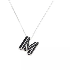 Colleen Lopez Sterling Silver Black Diamond "M" Initial Pendant with Chain. 16"
