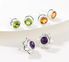 Artisan Crafted Round MultiStone Flower Set of 3 Studs Earrings Sterling Silver