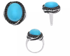 QVC Sterling Silver Oval Turquoise 0.80Ct Pave Black Spinel Ring, Size 5