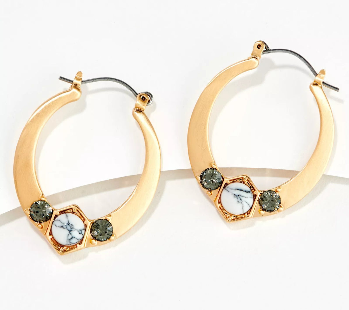 Susan Graver Goldtone White Cabochon Hoop Earrings. 1-1/4"