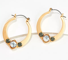 Susan Graver Goldtone White Cabochon Hoop Earrings. 1-1/4"