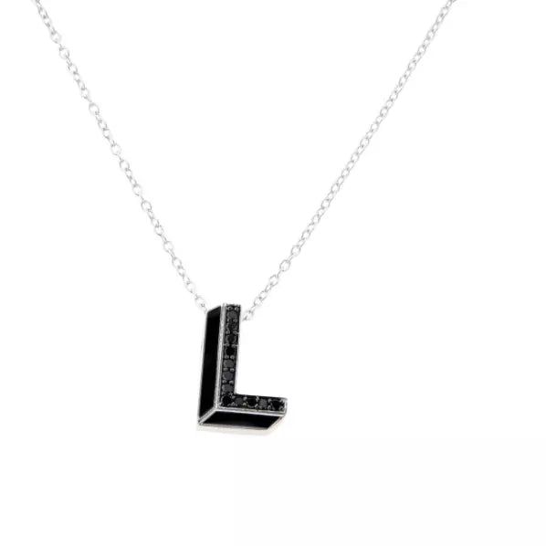 Colleen Lopez Sterling Silver Black Diamond "L" Initial Pendant with Chain. 16"